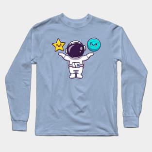 Cute Astronaut With Cute Star And Cute Planet Cartoon Long Sleeve T-Shirt
